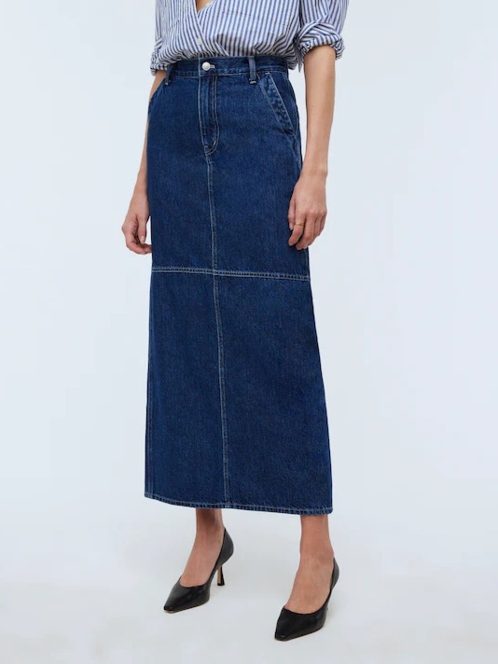 Size 25 Denim Carpenter Maxi Skirt in Handlon Wash